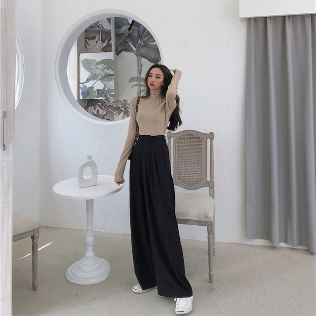 2019 Spring Autumn Female Solid Wide Leg Pants Women Full Length Pants Ladies High Quality simple Casual Straight Pants