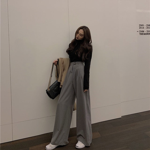2019 Spring Autumn Female Solid Wide Leg Pants Women Full Length Pants Ladies High Quality simple Casual Straight Pants