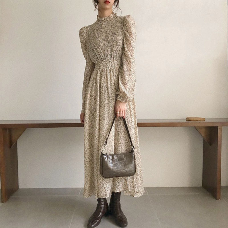 Vintage Stand Collar Ruched Sleeve A-line Dress Women Floral Print Elastic Waist Female Dress Spring Vestidos femme 202