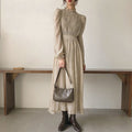 Vintage Stand Collar Ruched Sleeve A-line Dress Women Floral Print Elastic Waist Female Dress Spring Vestidos femme 202