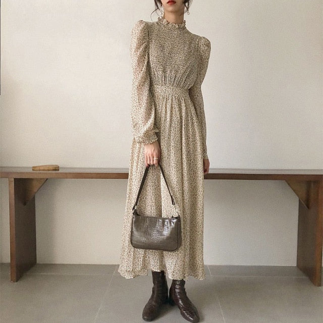 Vintage Stand Collar Ruched Sleeve A-line Dress Women Floral Print Elastic Waist Female Dress Spring Vestidos femme 202