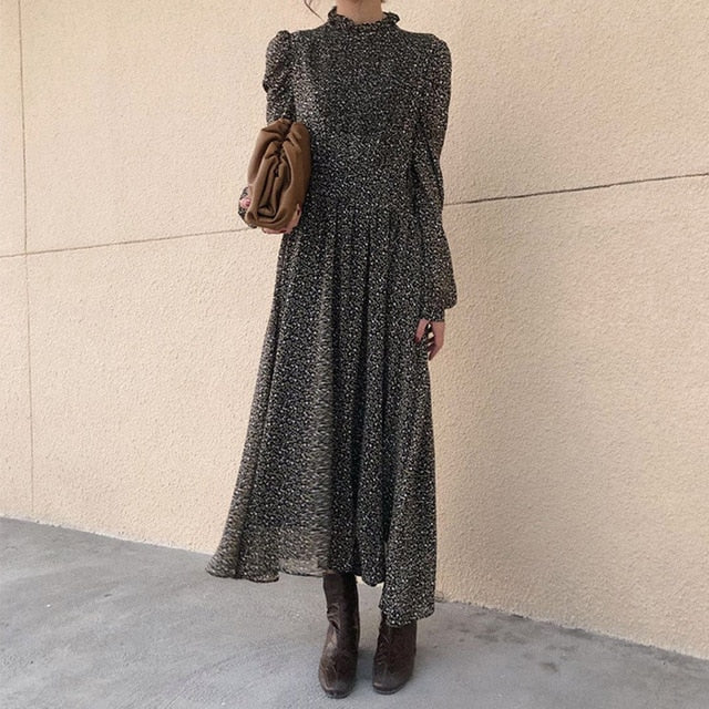 Vintage Stand Collar Ruched Sleeve A-line Dress Women Floral Print Elastic Waist Female Dress Spring Vestidos femme 202