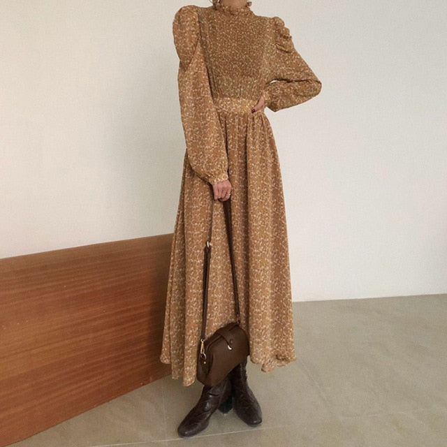 Vintage Stand Collar Ruched Sleeve A-line Dress Women Floral Print Elastic Waist Female Dress Spring Vestidos femme 202