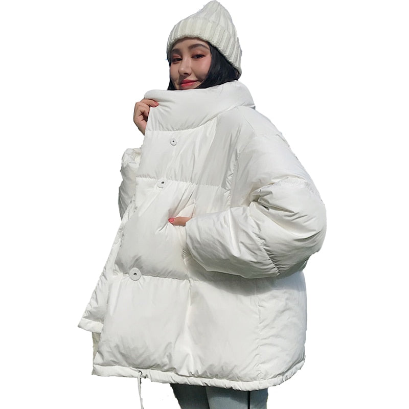Korean Style 2026 Winter Jacket Women Stand Collar Solid Black White Female Down Coat Loose Oversized Womens Short Parka