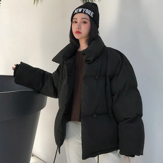 Korean Style 2026 Winter Jacket Women Stand Collar Solid Black White Female Down Coat Loose Oversized Womens Short Parka