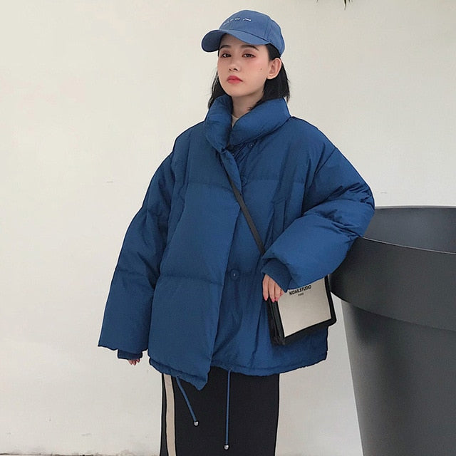 Korean Style 2026 Winter Jacket Women Stand Collar Solid Black White Female Down Coat Loose Oversized Womens Short Parka