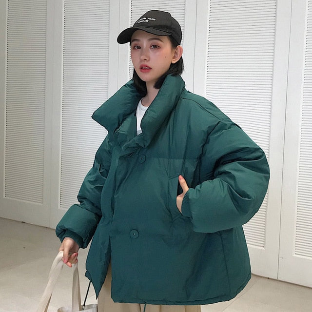 Korean Style 2026 Winter Jacket Women Stand Collar Solid Black White Female Down Coat Loose Oversized Womens Short Parka