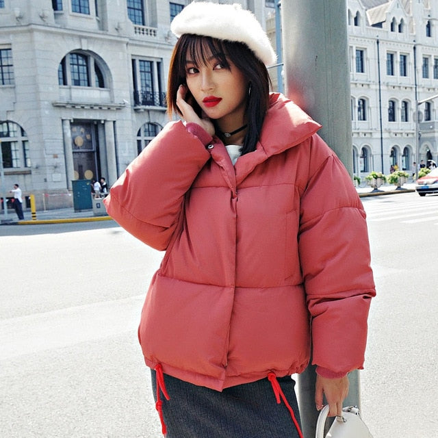 Korean Style 2026 Winter Jacket Women Stand Collar Solid Black White Female Down Coat Loose Oversized Womens Short Parka