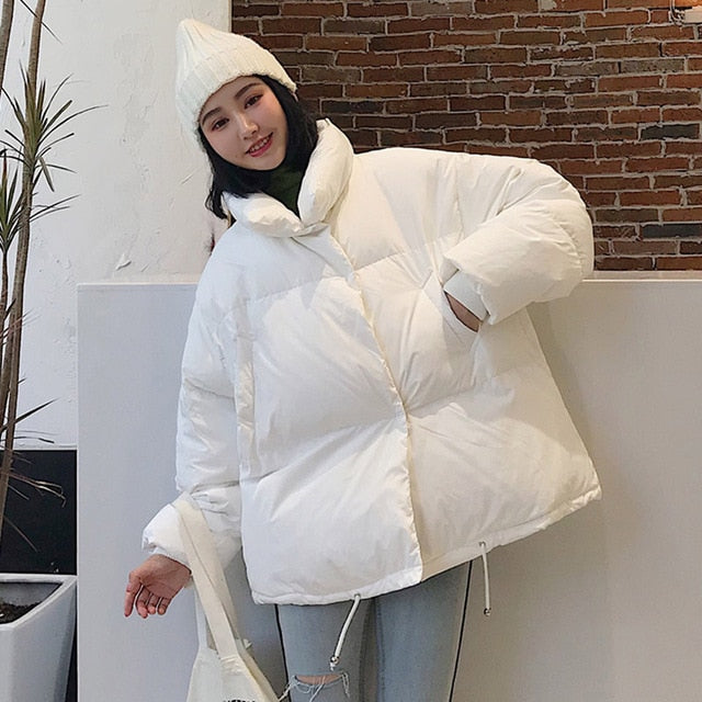 Korean Style 2026 Winter Jacket Women Stand Collar Solid Black White Female Down Coat Loose Oversized Womens Short Parka