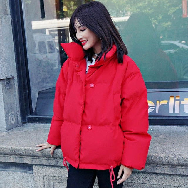 Korean Style 2026 Winter Jacket Women Stand Collar Solid Black White Female Down Coat Loose Oversized Womens Short Parka