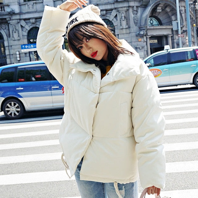 Korean Style 2026 Winter Jacket Women Stand Collar Solid Black White Female Down Coat Loose Oversized Womens Short Parka