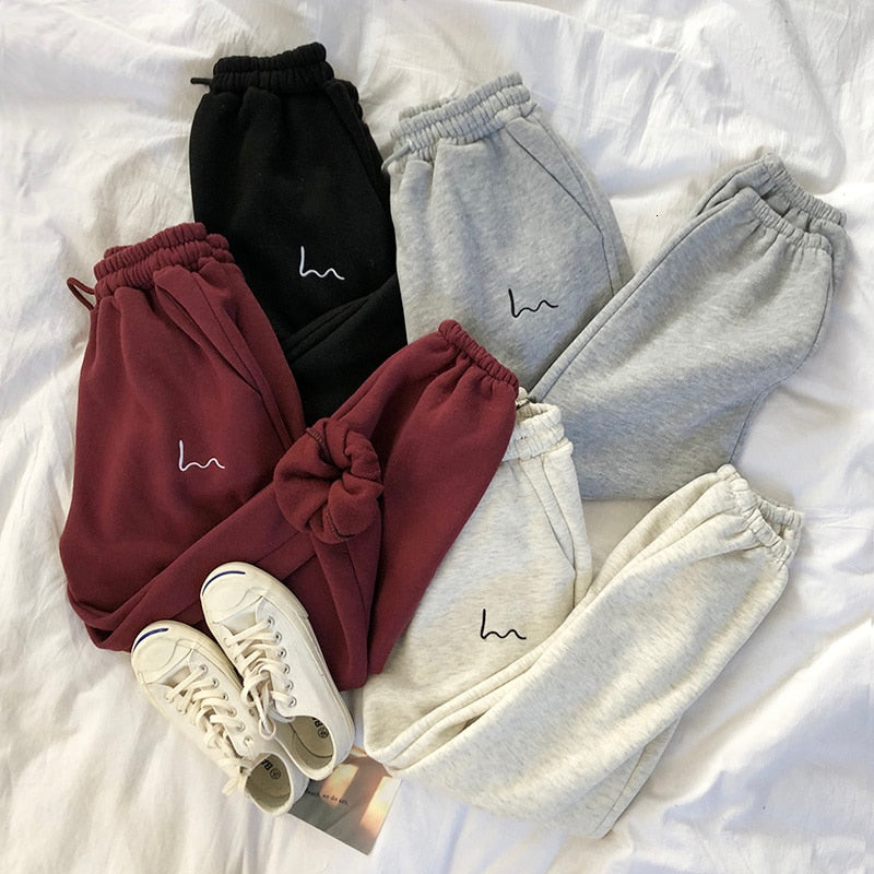 Winter Women Harem Pants Stripes Embroidery Gray Black Fleece Pants Bottom