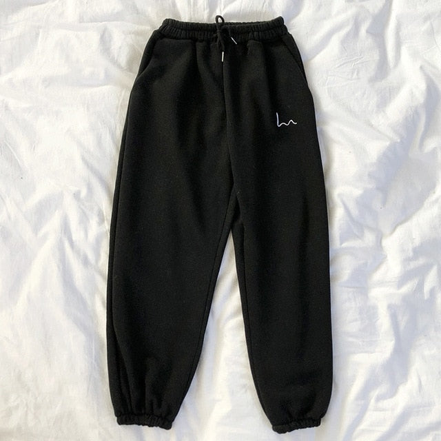 Winter Women Harem Pants Stripes Embroidery Gray Black Fleece Pants Bottom