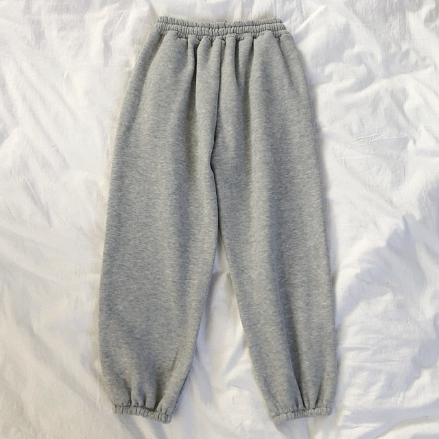 Winter Women Harem Pants Stripes Embroidery Gray Black Fleece Pants Bottom