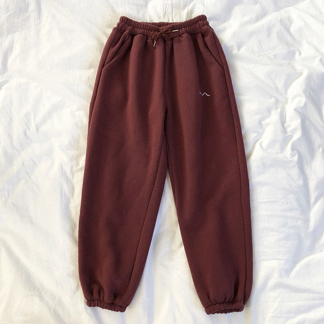 Winter Women Harem Pants Stripes Embroidery Gray Black Fleece Pants Bottom