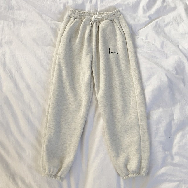 Winter Women Harem Pants Stripes Embroidery Gray Black Fleece Pants Bottom