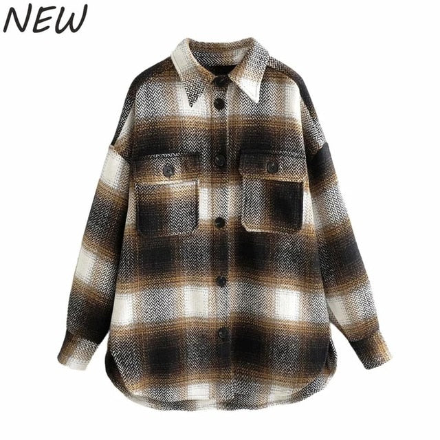 Vintage women 2020 long sleeve woolen coats fashion ladies thick plaid coat female streetwear elegant girls oversize jacket chic