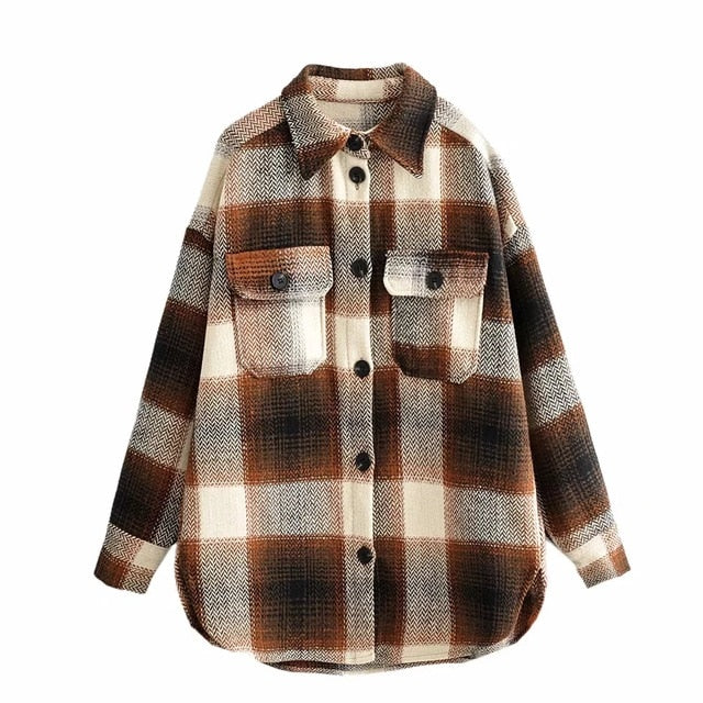 Vintage women 2020 long sleeve woolen coats fashion ladies thick plaid coat female streetwear elegant girls oversize jacket chic