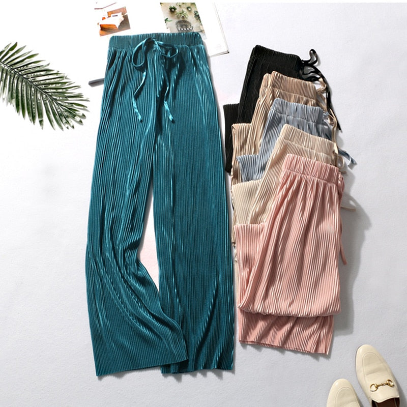 Summer Wide Leg Pants For Women Casual Elastic High Waist 2020 New Fashion Loose Long Pants Pleated Pant Trousers Femme