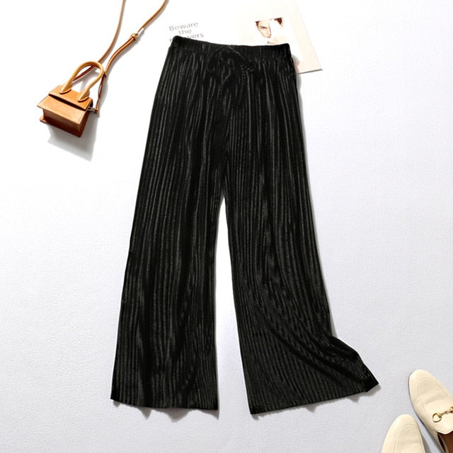 Summer Wide Leg Pants For Women Casual Elastic High Waist 2020 New Fashion Loose Long Pants Pleated Pant Trousers Femme