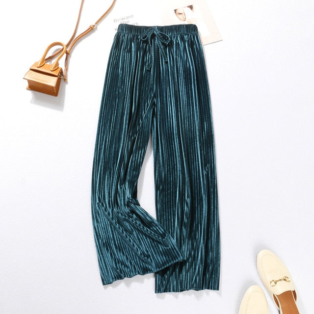 Summer Wide Leg Pants For Women Casual Elastic High Waist 2020 New Fashion Loose Long Pants Pleated Pant Trousers Femme