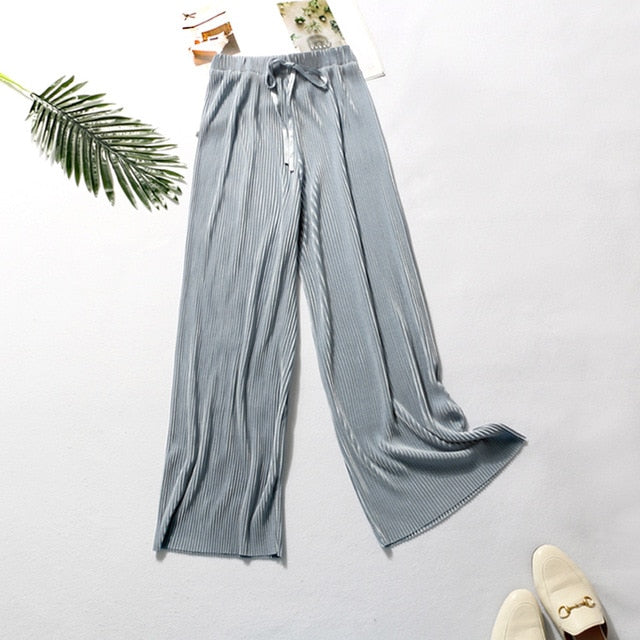 Summer Wide Leg Pants For Women Casual Elastic High Waist 2020 New Fashion Loose Long Pants Pleated Pant Trousers Femme