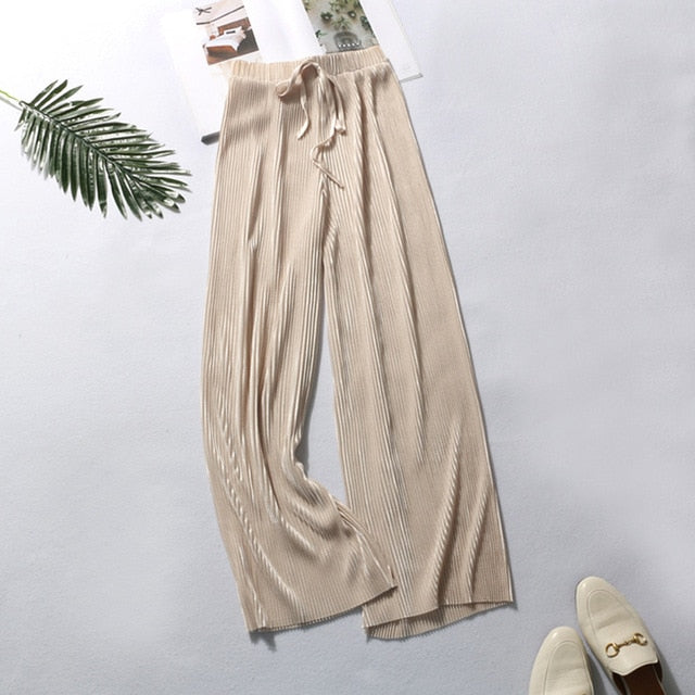 Summer Wide Leg Pants For Women Casual Elastic High Waist 2020 New Fashion Loose Long Pants Pleated Pant Trousers Femme