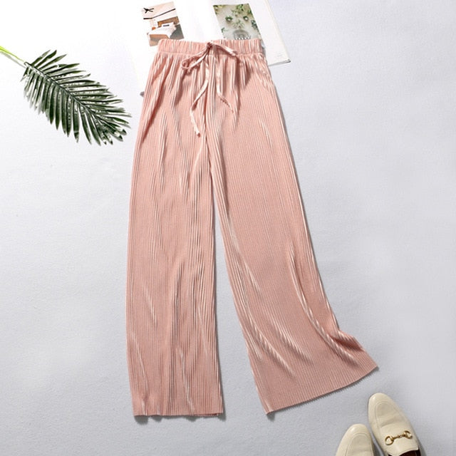 Summer Wide Leg Pants For Women Casual Elastic High Waist 2020 New Fashion Loose Long Pants Pleated Pant Trousers Femme