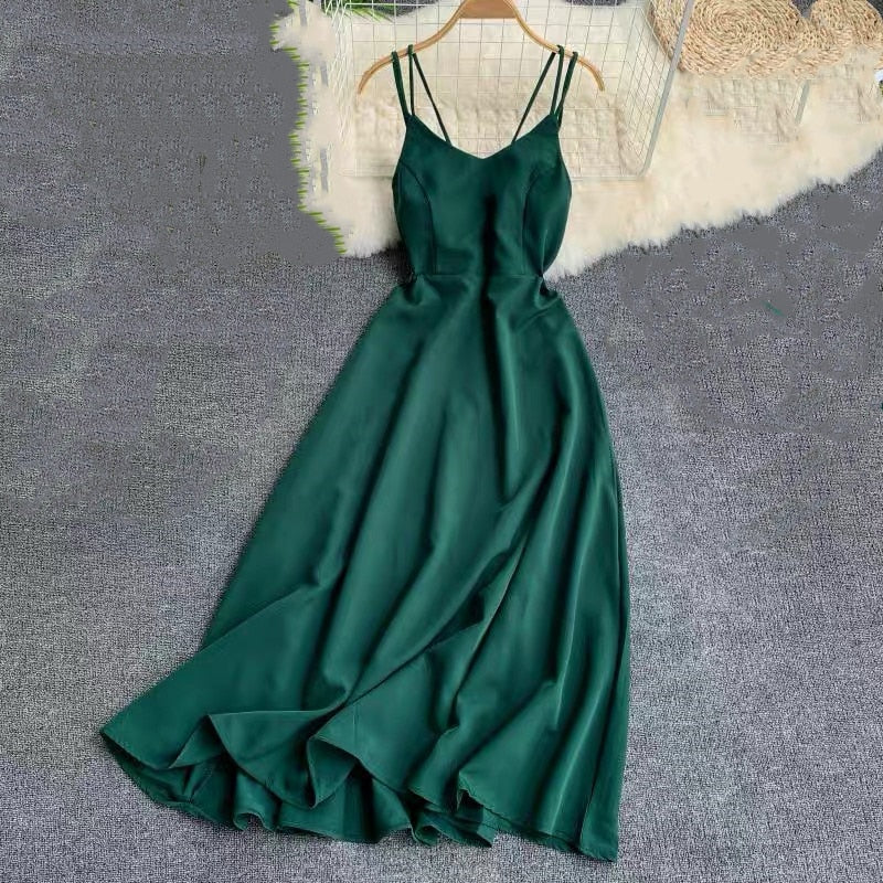 New-Coming Spring Summer Holiday Dress Cross Spaghetti Strap Open Back Solid Beach Style Ankle-Length Women Dresses