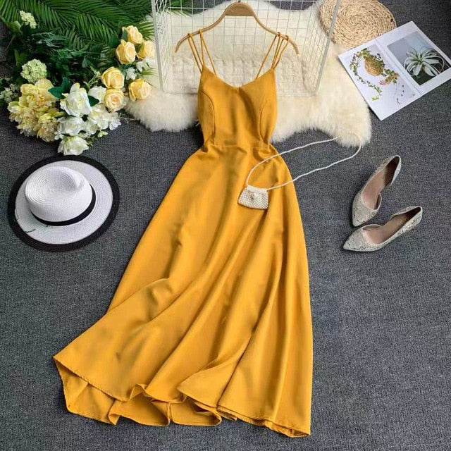 New-Coming Spring Summer Holiday Dress Cross Spaghetti Strap Open Back Solid Beach Style Ankle-Length Women Dresses