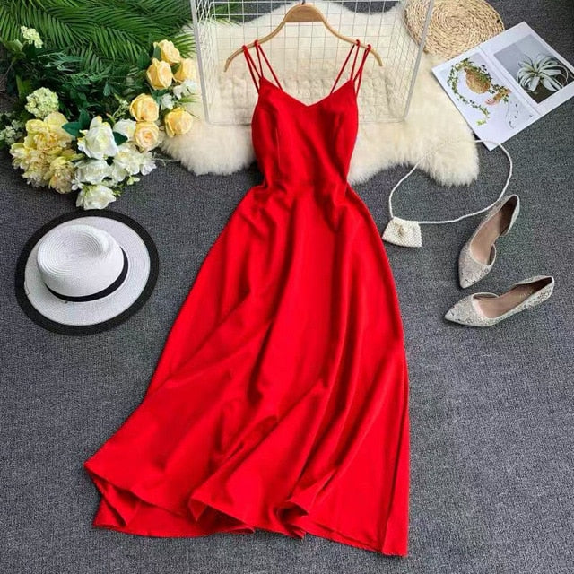 New-Coming Spring Summer Holiday Dress Cross Spaghetti Strap Open Back Solid Beach Style Ankle-Length Women Dresses