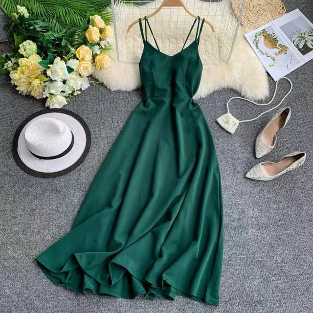 New-Coming Spring Summer Holiday Dress Cross Spaghetti Strap Open Back Solid Beach Style Ankle-Length Women Dresses