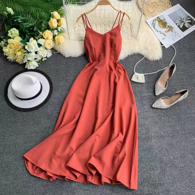 New-Coming Spring Summer Holiday Dress Cross Spaghetti Strap Open Back Solid Beach Style Ankle-Length Women Dresses
