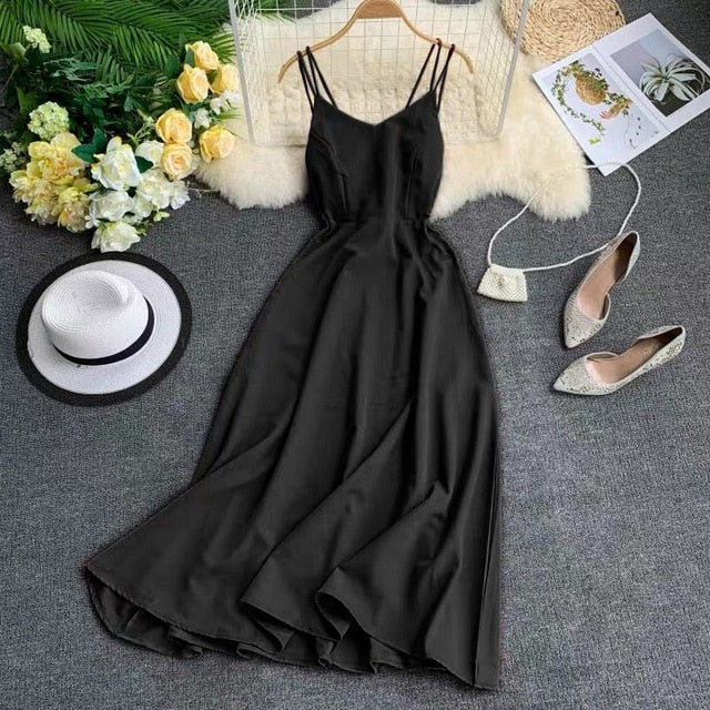 New-Coming Spring Summer Holiday Dress Cross Spaghetti Strap Open Back Solid Beach Style Ankle-Length Women Dresses