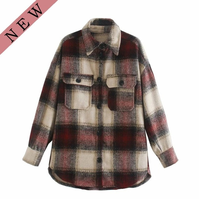 Vintage women 2020 long sleeve woolen coats fashion ladies thick plaid coat female streetwear elegant girls oversize jacket chic