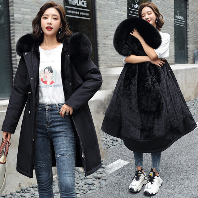 2020 New Cotton Liner Parker Parka Fashion Adjustable Waist Fur Collar Winter Jacket Women Medium Long Hooded Parka Coat