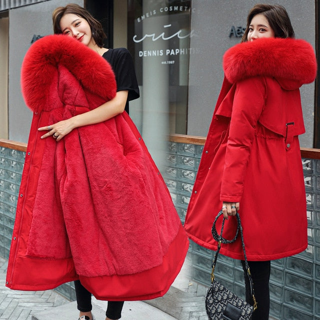 2020 New Cotton Liner Parker Parka Fashion Adjustable Waist Fur Collar Winter Jacket Women Medium Long Hooded Parka Coat