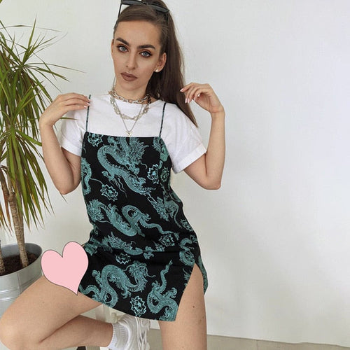 2020 dragon print sleeveless slit sexy slip mini dress autumn women streetwear club outfits
