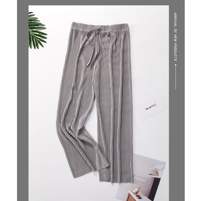 Summer Wide Leg Pants For Women Casual Elastic High Waist 2020 New Fashion Loose Long Pants Pleated Pant Trousers Femme