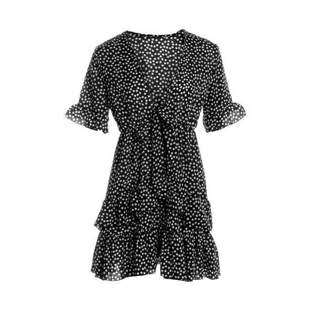 2020 Women Dress Boho Floral Ruffle Short Mini Dress Summer Knot Sexy V-Neck Party Holiday Dress Femme vestido de mujer