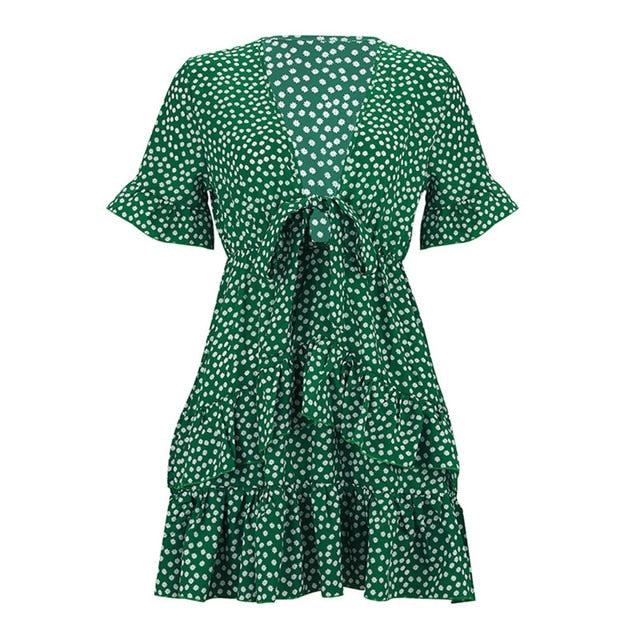 2020 Women Dress Boho Floral Ruffle Short Mini Dress Summer Knot Sexy V-Neck Party Holiday Dress Femme vestido de mujer