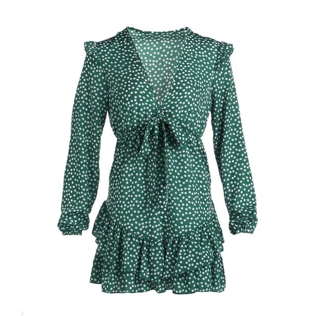 2020 Women Dress Boho Floral Ruffle Short Mini Dress Summer Knot Sexy V-Neck Party Holiday Dress Femme vestido de mujer