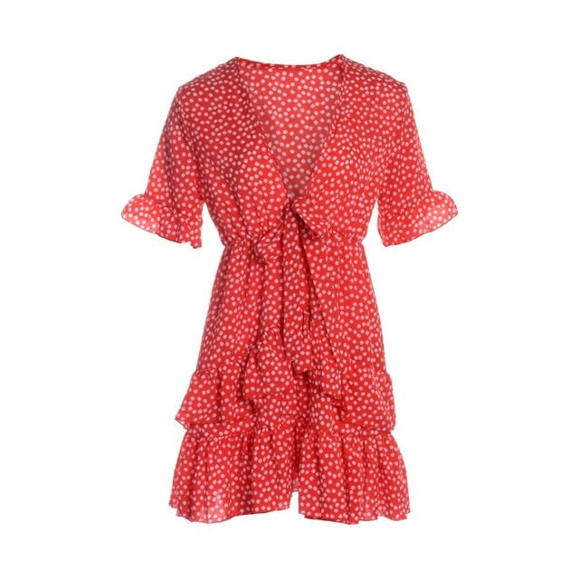 2020 Women Dress Boho Floral Ruffle Short Mini Dress Summer Knot Sexy V-Neck Party Holiday Dress Femme vestido de mujer