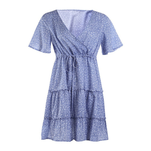 2020 Women Dress Boho Floral Ruffle Short Mini Dress Summer Knot Sexy V-Neck Party Holiday Dress Femme vestido de mujer