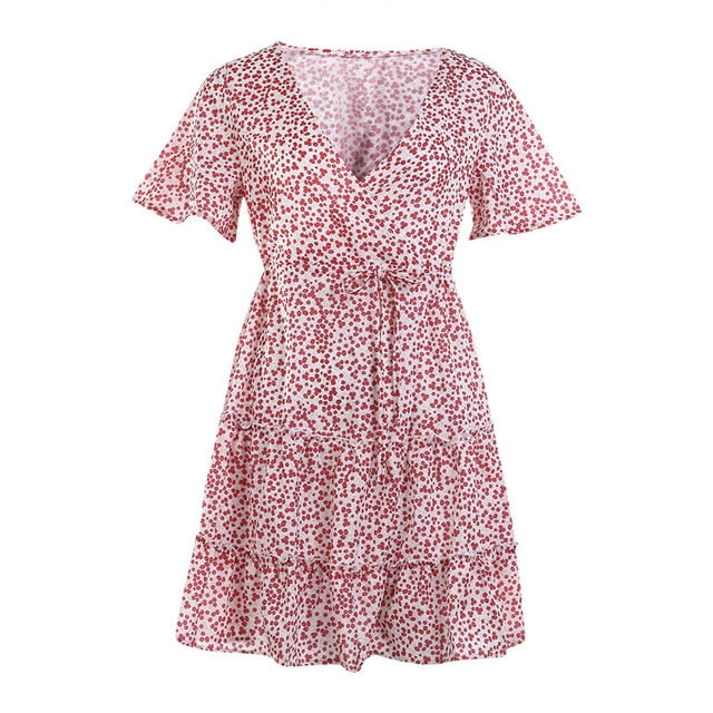 2020 Women Dress Boho Floral Ruffle Short Mini Dress Summer Knot Sexy V-Neck Party Holiday Dress Femme vestido de mujer