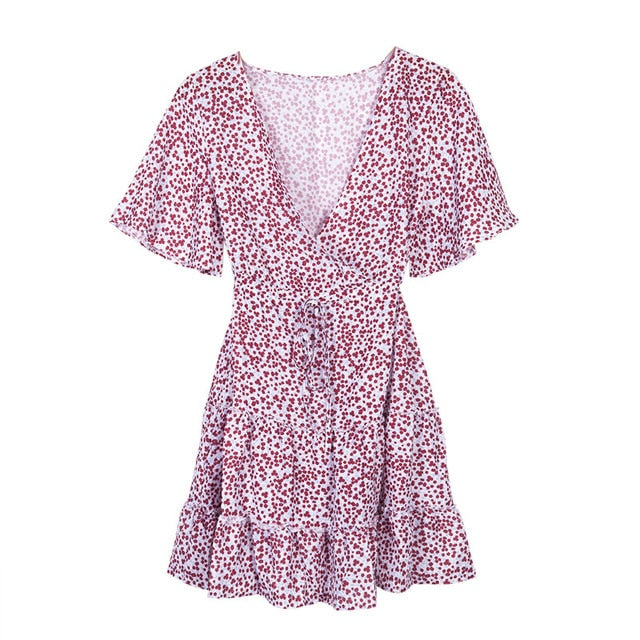 2020 Women Dress Boho Floral Ruffle Short Mini Dress Summer Knot Sexy V-Neck Party Holiday Dress Femme vestido de mujer