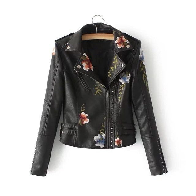 Embroidery faux leather PU Jacket Women Spring Autumn Fashion Motorcycle Jacket Black faux leather coats Outerwear Coat HOT