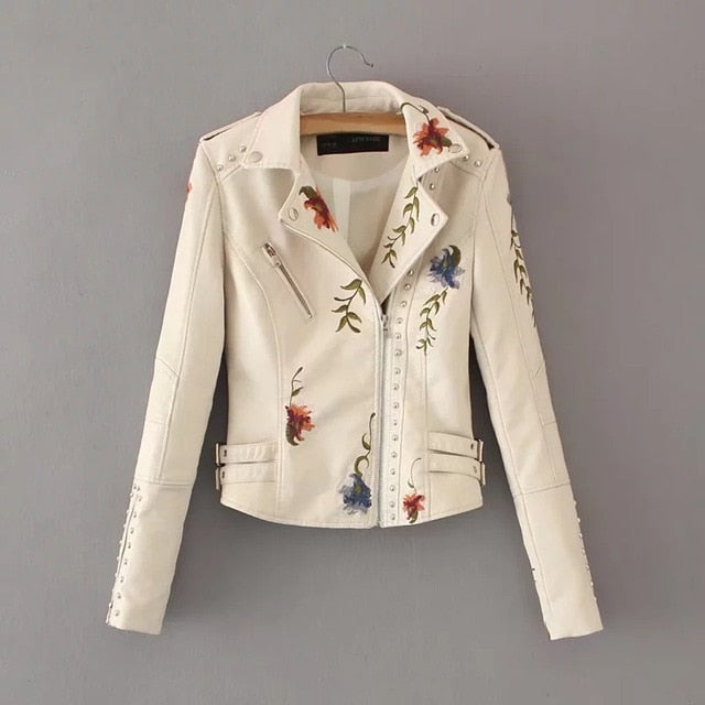 Embroidery faux leather PU Jacket Women Spring Autumn Fashion Motorcycle Jacket Black faux leather coats Outerwear Coat HOT