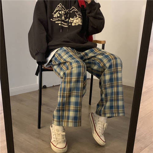 2020 Plaid Pants Women Autumn Wide Leg Pants for Women Korean Style High Waist Checkered Pants Oversize Trousers Women Harajuku