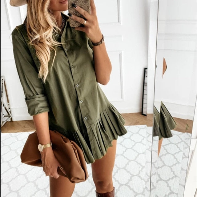 Autumn Long Sleeve White Pleated Shirt Dress 2020 Women Casual Turn Down Collar Mini Dress Button Lady A Line Office Vestidos